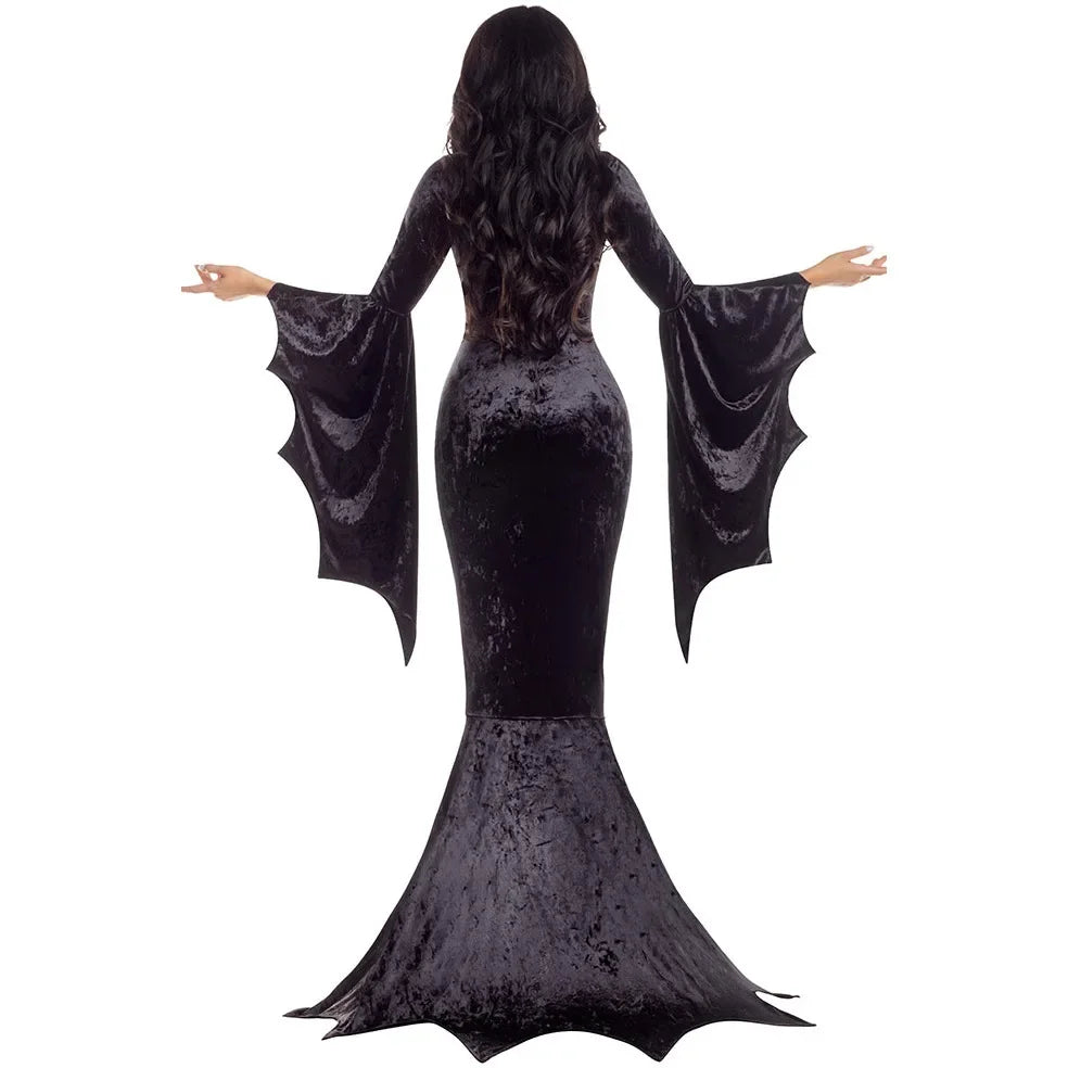 Witchy Costume Morticia Addams Long Train Dress Halloween Terror Dark Outfit Gothic Gown Robe Bat Sleeve Horror For Adult