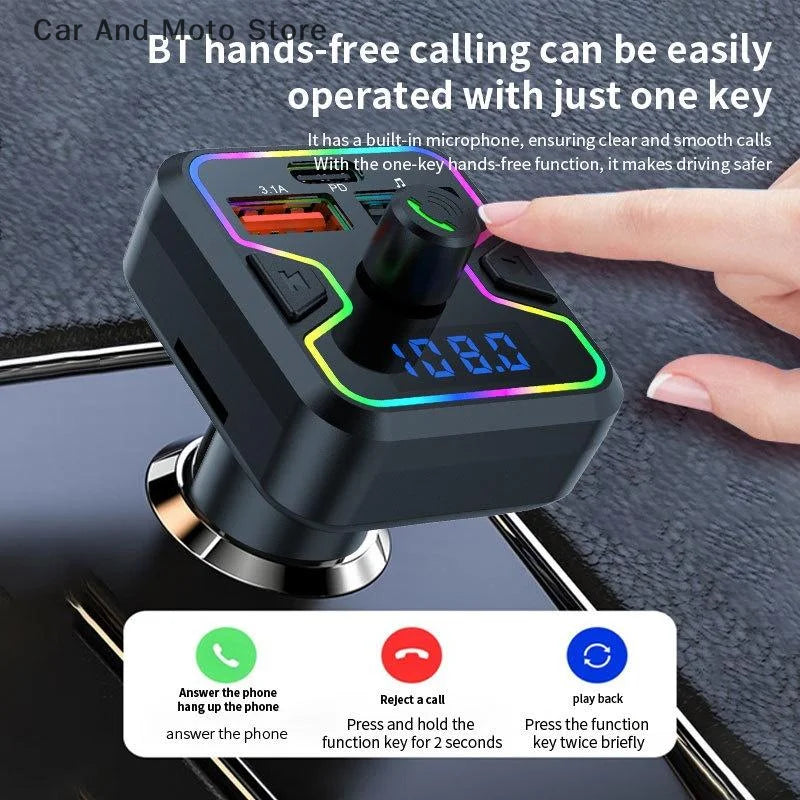Transmisor FM Bluetooth 5.3, receptor inalámbrico, reproductor MP3, cargador de coche, carga rápida USB PD, adaptador de kit manos libres para coche