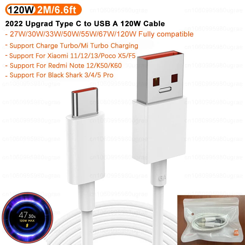 Cable de carga rápida USB tipo C original Xiaomi 6A de 120 W con codo de 90 grados para Mi 11T Pro, Poco F4 GT, Redmi Note 11, K50 y Black Shark 5
