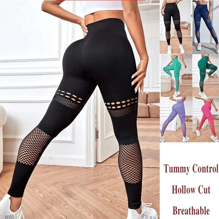 Amazon Fitness Yoga Hollow Cut Seamless Peach Pitted Breathable Tight Trousers Seamless Gym Leggings For Women Sports Wear