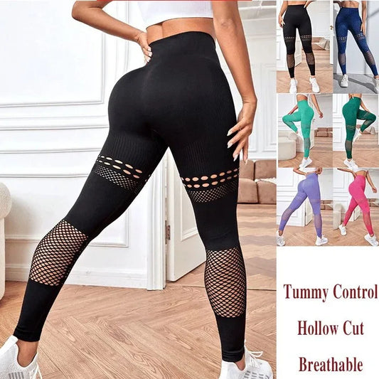 Amazon Fitness Yoga Hollow Cut Seamless Peach Pitted Breathable Tight Trousers Seamless Gym Leggings For Women Sports Wear