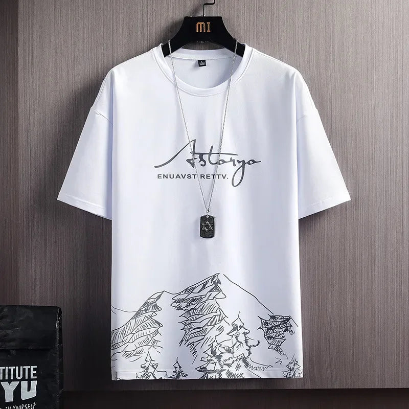 Conjunto deportivo de dos piezas para hombre, camiseta de manga corta a la moda, estilo veraniego, con estampado de montañas nevadas, corte entallado, versión coreana