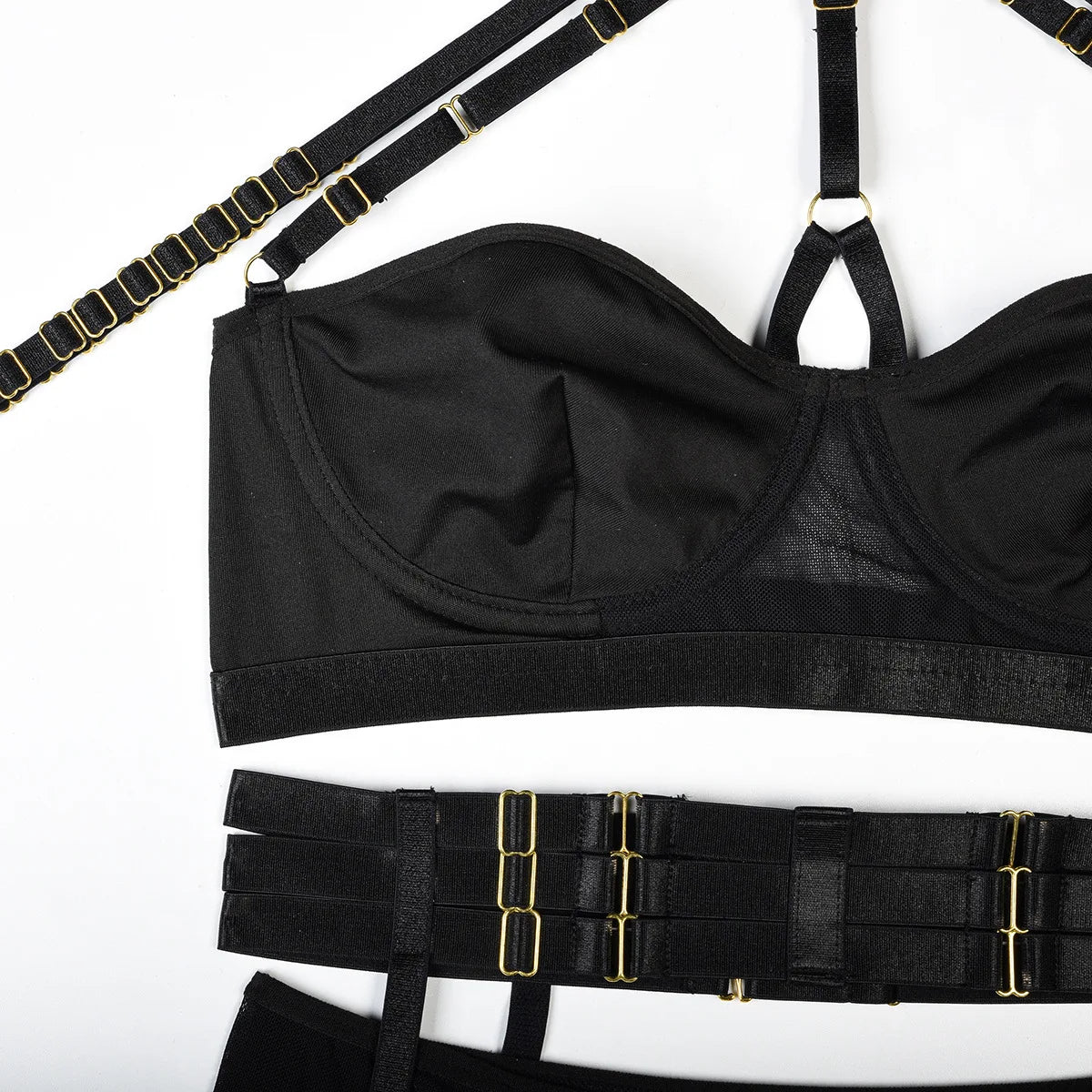 Conjunto de lencería sexy para mujer, con panel de encaje, escote en V profundo, glúteos abiertos, tirantes con forma de corazón de melocotón, cadena cruzada, liguero, ropa interior de tres piezas