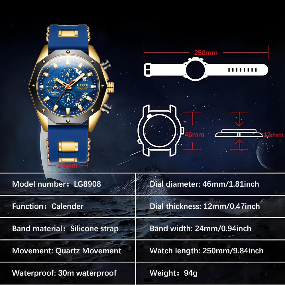 LIGE 2024 - Nuevos relojes de moda para hombre, marca superior de lujo, reloj deportivo de silicona, reloj de cuarzo con fecha, reloj de pulsera resistente al agua, cronógrafo