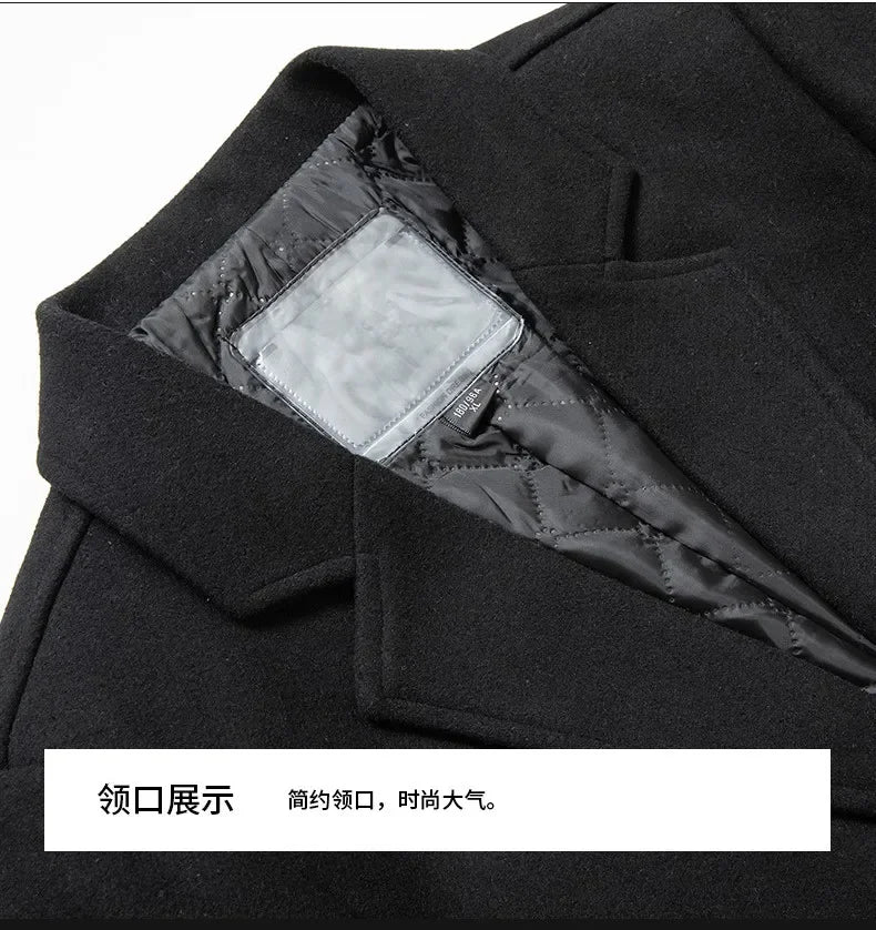 Black Men Wool Long Trench Coat Stylish Single Breasted Quilted Lined Wool Blend Pea Coats Men Winter Cashmere Coat Windbreaker