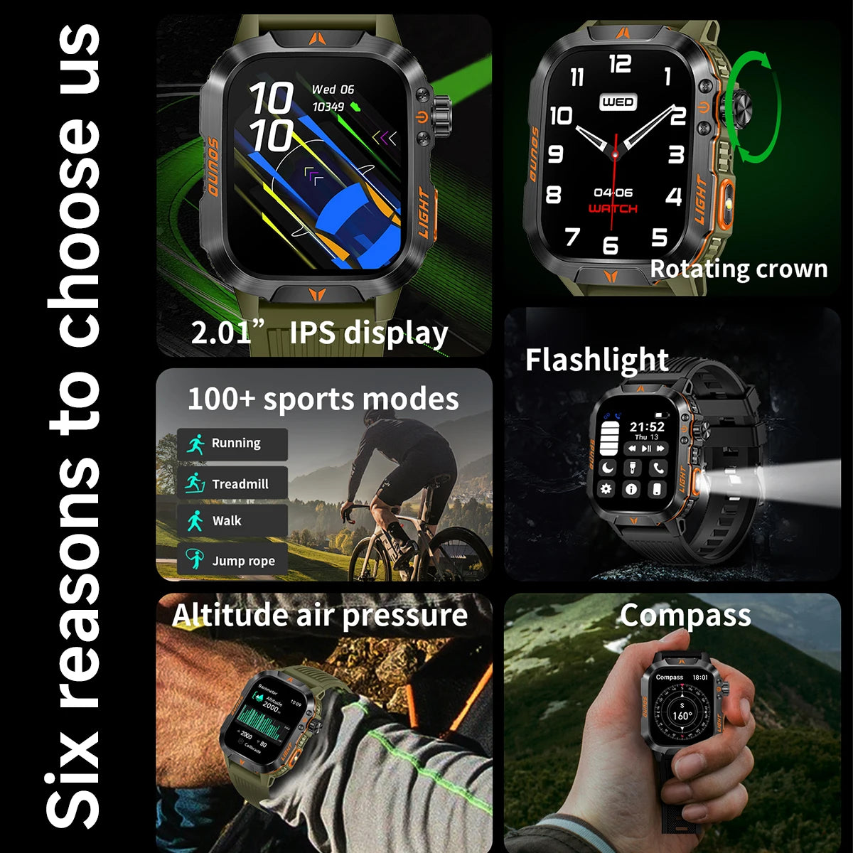 Reloj inteligente 2024 con pantalla 2.01, linterna para exteriores, brújula, IP68, resistente al agua, llamadas inalámbricas, batería de 600 mAh, modo deportivo de 100+