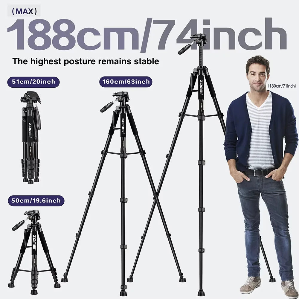 Trípode profesional compacto de aluminio de 188 cm/73,6 pulgadas de alto para cámara digital, Canon, DSLR, teléfono inteligente, trípode fotográfico