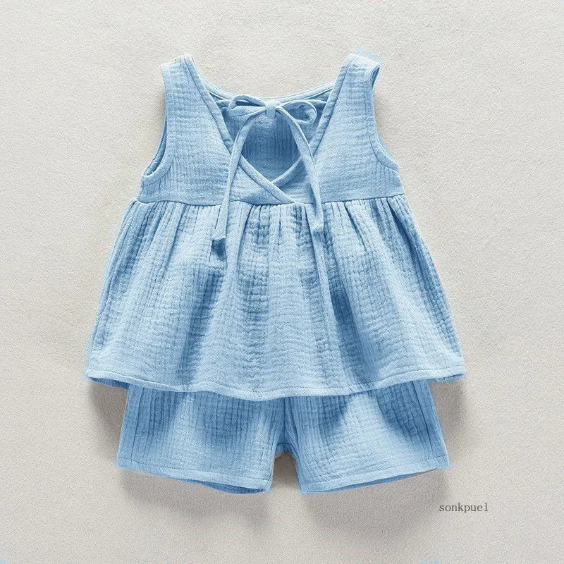 Conjuntos bonitos de blusa de algodón y pantalones cortos para niña pequeña, ropa de verano para niña pequeña