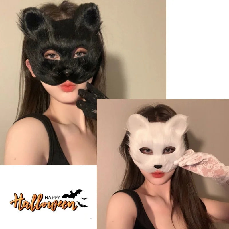 Halloween Cosplay Make-up Fox Shape Face Mask Carnival Stage Party Cartoon Cat Hair Mask Costume Props Sexy Lady Imitation Toy