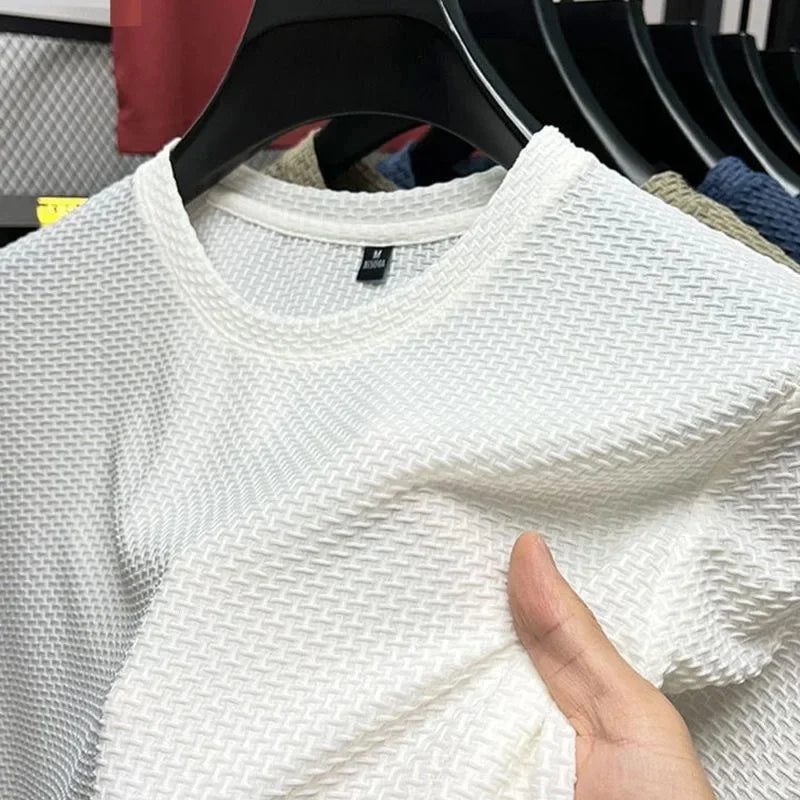 Camiseta de seda de hielo para hombre, manga corta, ligera, transpirable, cómoda, fresca, informal, moderna, de verano, elástica, ajustada.