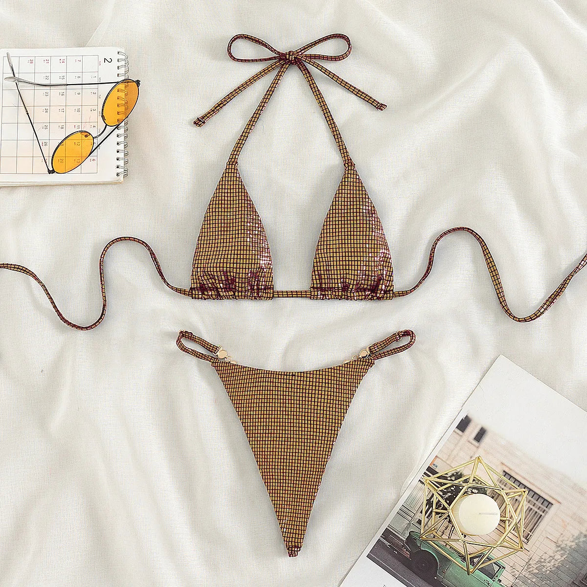 XS - L Sexy Diamond Mini Tanga Halter Bikini Mujer Traje de baño Traje de baño femenino Conjunto de bikini de dos piezas Traje de baño Nadar