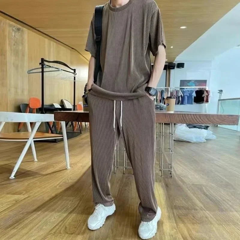 Conjunto deportivo informal de verano para hombre, de seda de hielo, con camiseta fina de manga corta y pantalones largos de secado rápido, a juego con media manga.