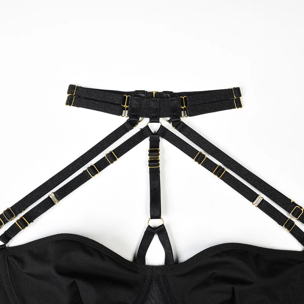 Conjunto de lencería sexy para mujer, con panel de encaje, escote en V profundo, glúteos abiertos, tirantes con forma de corazón de melocotón, cadena cruzada, liguero, ropa interior de tres piezas