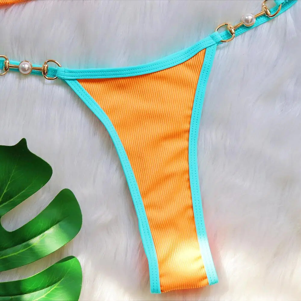 Bikini sexy con cuello halter y perlas para mujer, traje de baño femenino de dos piezas con ribete acanalado