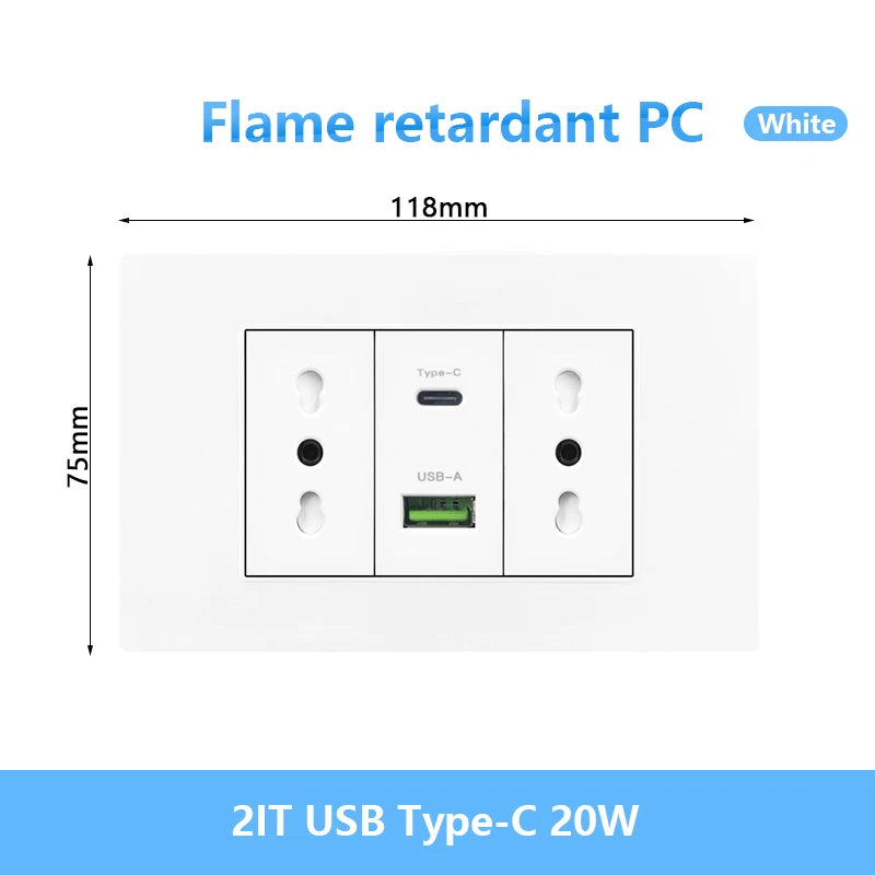 Enchufe de pared USB inteligente tipo C de 20 W con carga rápida para Italia, Chile y México; panel de interruptor de luz eléctrico de Brasil con toma USB-C universal.