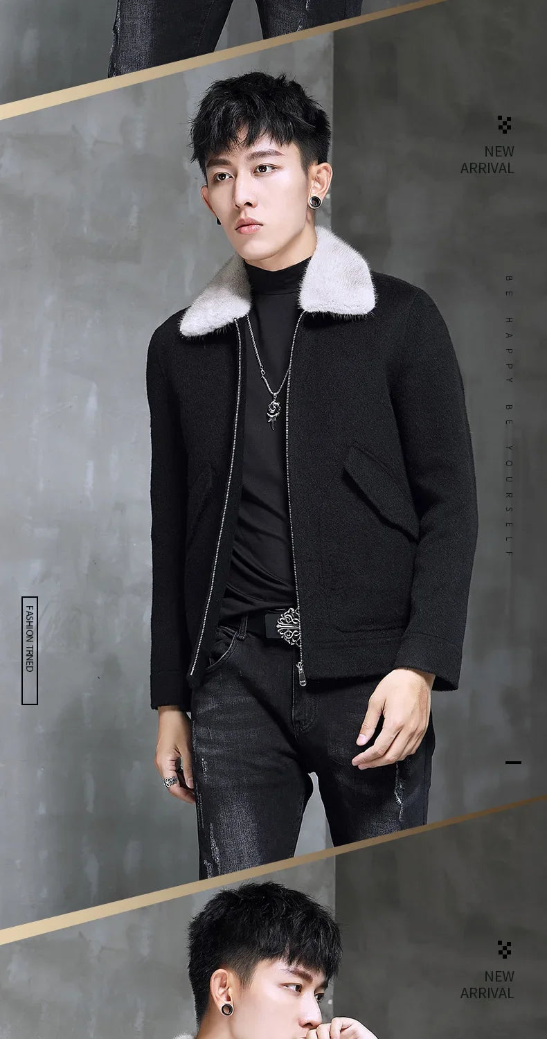 AYUNSUE Spring Autumn Wool Coat Men Double-sided Alpaca Jacket Mink Fur Collar Mens Coats and Jackets Overcoat 1970B KJ3859