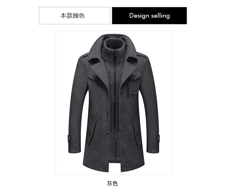 Thickening Warm Wool Coat High Quality Design Wool Coats Men's Wool Blend Winter Double Collar Wool Blend Men Solid Color