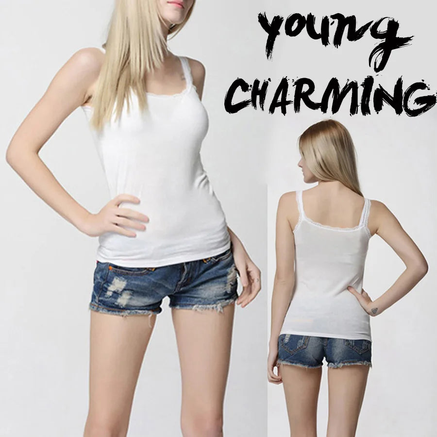 Camisola sexy de algodón suave para mujer, sin mangas, de encaje, ajustada, informal, corta, con encanto, ideal como regalo