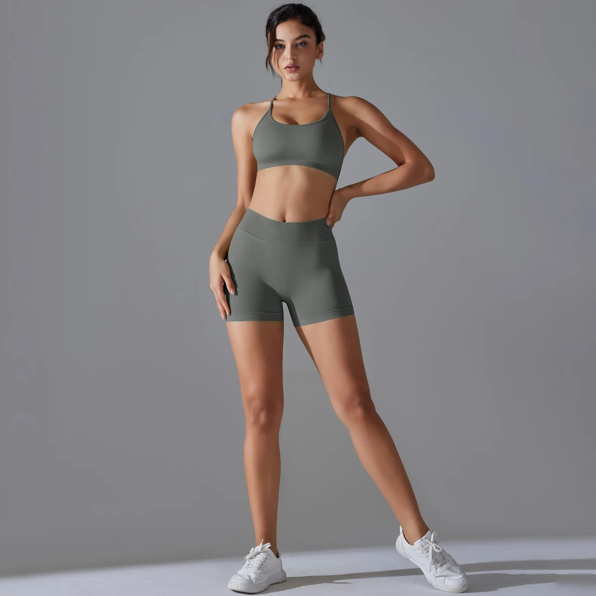 Conjunto deportivo de yoga, mallas de gimnasio de secado rápido, tirantes cruzados con absorción de impactos, pantalones cortos de ciclismo para mujer, entrenamiento de yoga.