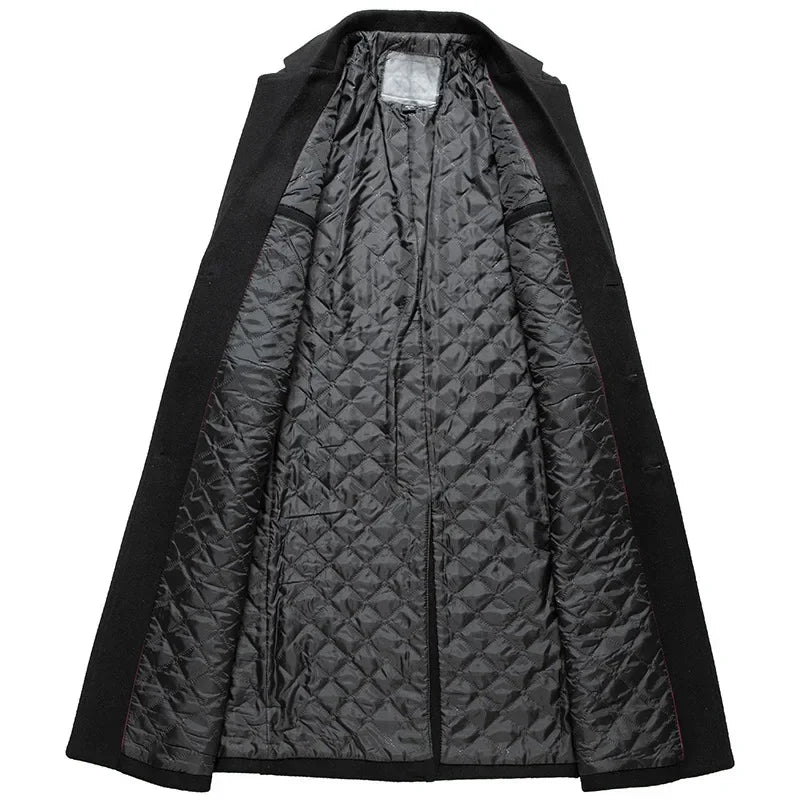Black Men Wool Long Trench Coat Stylish Single Breasted Quilted Lined Wool Blend Pea Coats Men Winter Cashmere Coat Windbreaker