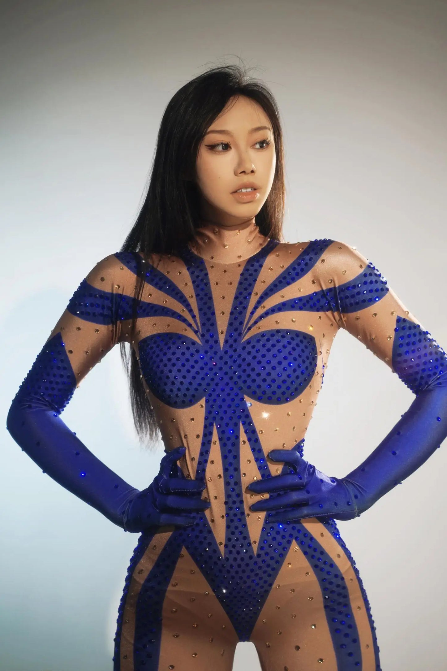 Female Sexy Stretch Long Sleeve Bodycon Bodysuit Exotic Pole Dancer Outfit Crystal Rompers Skinny Women Club Prom Party Jumpsuit