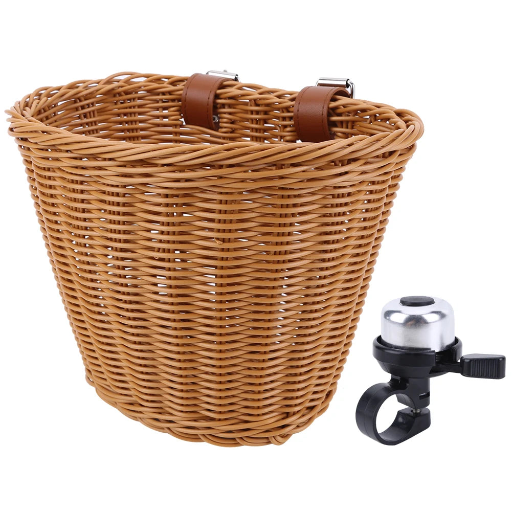 Conjunto de cesta de bicicleta para niños, timbre, borla y pegatinas. Cesta de bicicleta de ratán tejida a mano para manillar delantero. Accesorios de ciclismo.