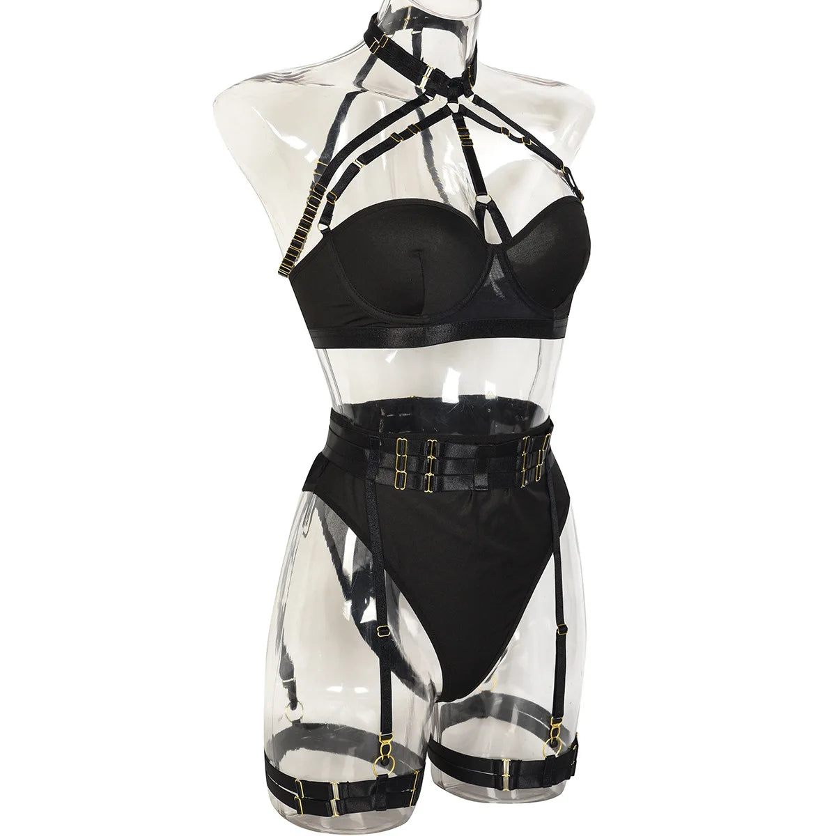 Conjunto de lencería sexy para mujer, con panel de encaje, escote en V profundo, glúteos abiertos, tirantes con forma de corazón de melocotón, cadena cruzada, liguero, ropa interior de tres piezas