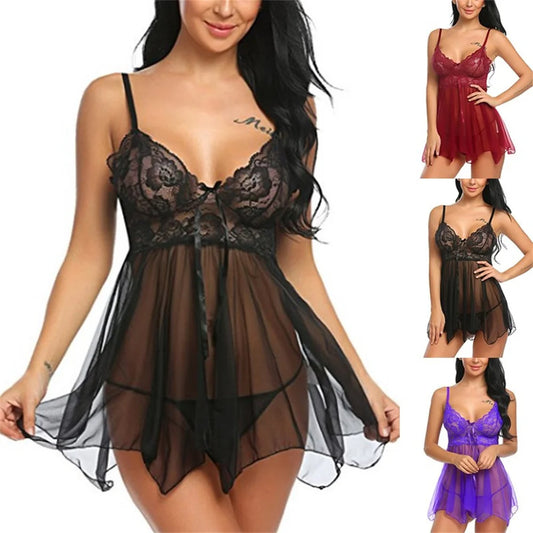 Lencería sexy para mujer, pijamas sin entrepierna, vestido de noche de encaje, ropa interior femenina exótica, camisón, tanga, disfraces eróticos