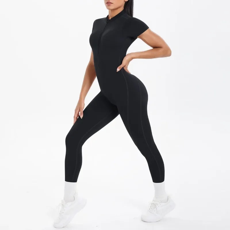 Mono deportivo de yoga sexy con cremallera frontal, espalda descubierta, manga corta, pantalones cortos, ropa deportiva para fitness, correr, gimnasio, yoga y actividades deportivas para mujer.
