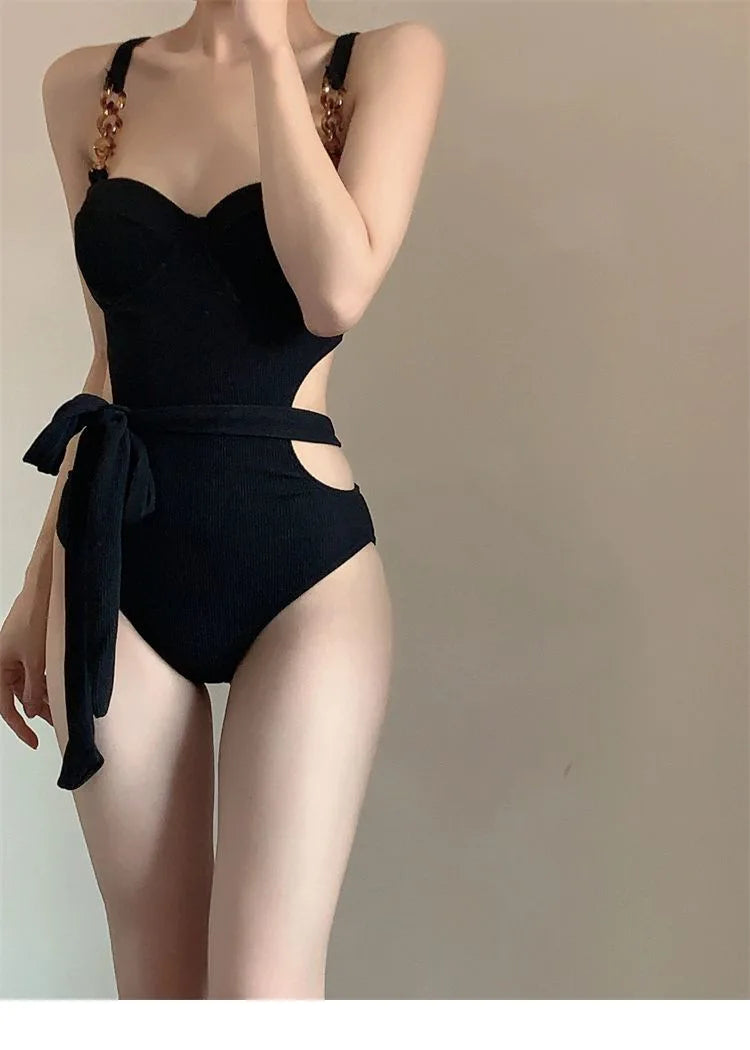 Sexy Fashion Swimsuit One Piece Black and Beige Underwire Bikinis with Waist Tie Hollow Bodysuits Bikinis Padded Swimwear