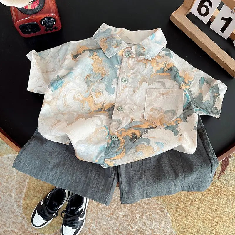 Ropa para niños 2025, nuevo traje de flores de moda para bebé, camisa de manga corta, pantalones cortos, elegante conjunto de dos piezas de pantalones cortos casuales retro.