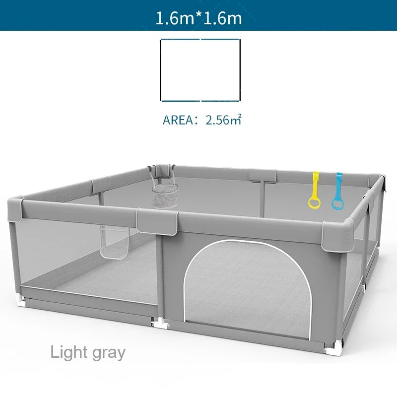 Corralito para bebés IMBABY gris claro con anilla de tiro, barrera de seguridad para niños, cerca y caja de pelota para juegos.