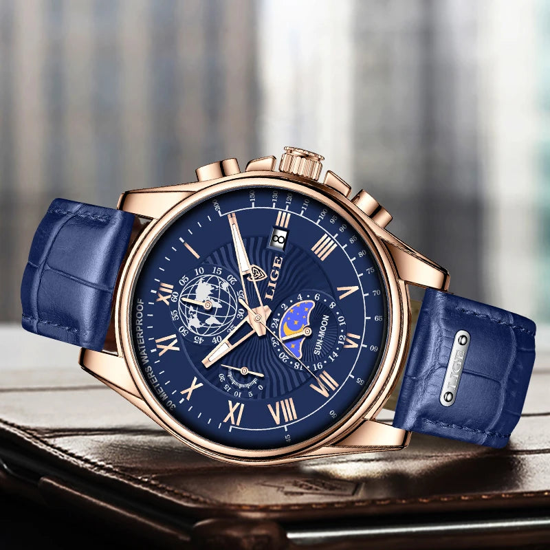 LIGE 2024 - Nuevo reloj de cuero azul para hombre, marca de lujo, resistente al agua, deportivo, con fecha, de cuarzo, Masculino
