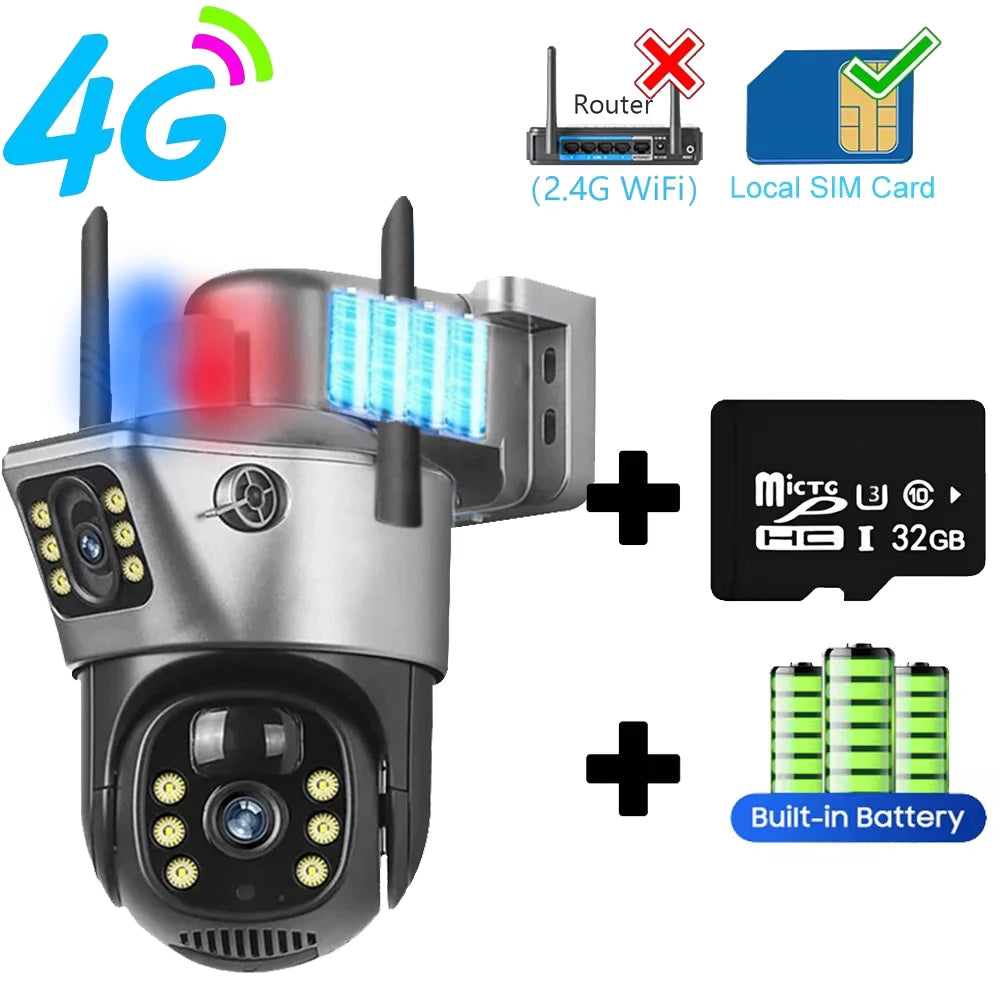 Cámara de vigilancia inalámbrica Wifi 4G IP CCTV, seguridad y protección para el hogar inteligente, monitor 360°, exterior, visión nocturna HD.