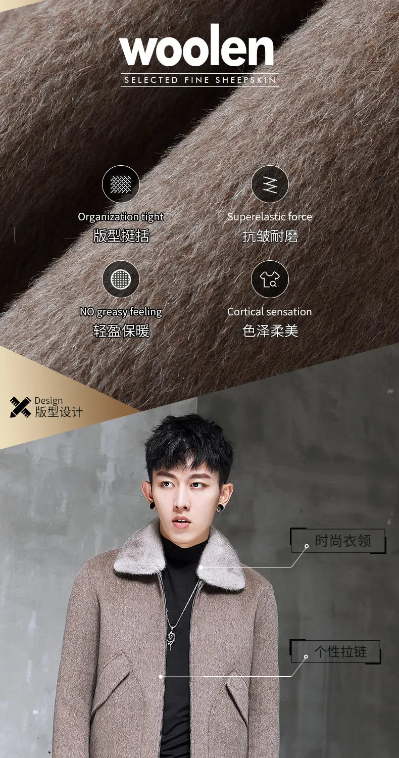 AYUNSUE Spring Autumn Wool Coat Men Double-sided Alpaca Jacket Mink Fur Collar Mens Coats and Jackets Overcoat 1970B KJ3859