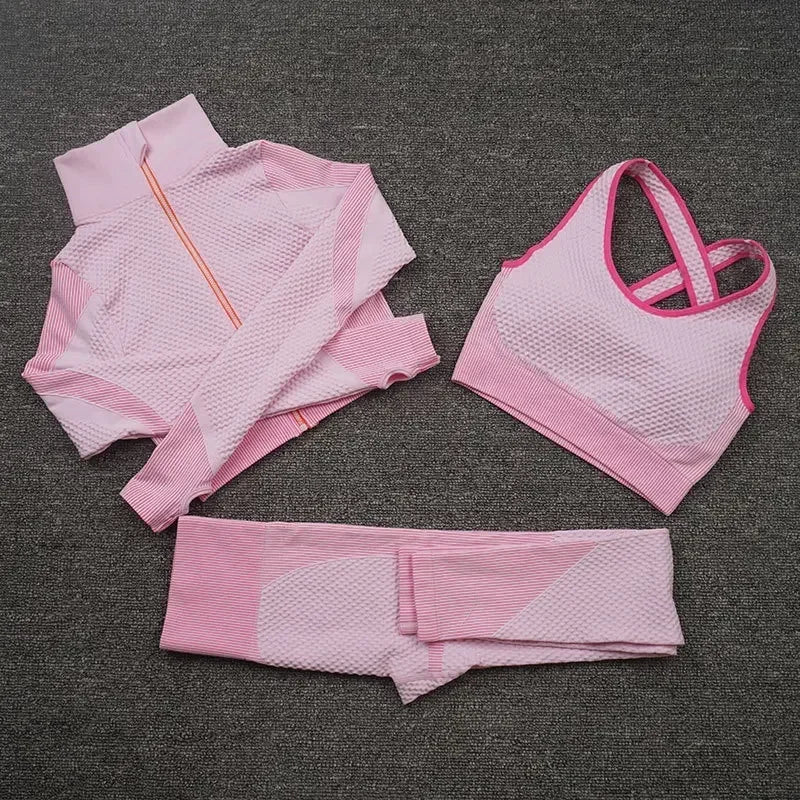 Conjunto de 3 piezas de yoga sin costuras, chaleco deportivo de fitness, pantalones de cintura alta que levantan la cadera, ropa de entrenamiento, conjunto de leggings de gimnasio para mujer