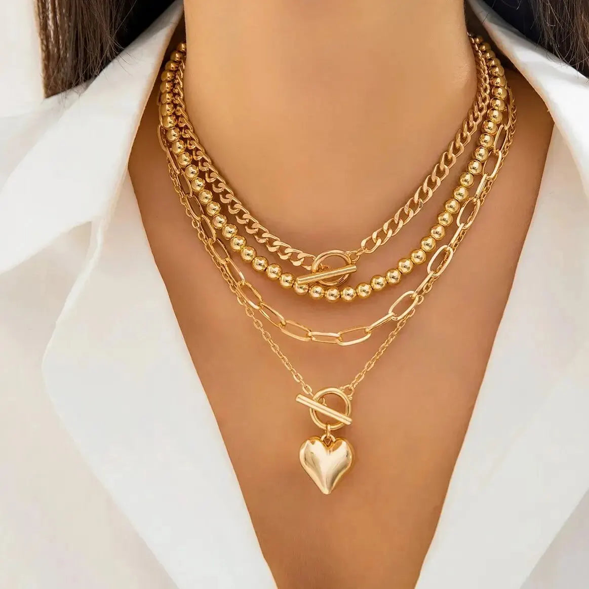 Juego de 4 collares con colgante de corazón estilo punk dorado para mujer, gargantilla de cadena con cuentas y hebilla OT, accesorios de joyería Y2K 2024