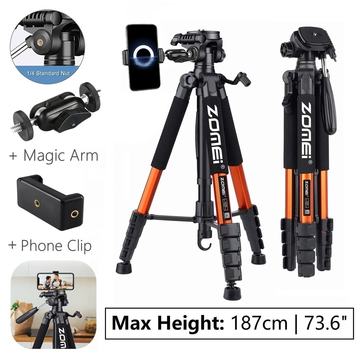 Trípode profesional compacto de aluminio de 188 cm/73,6 pulgadas de alto para cámara digital, Canon, DSLR, teléfono inteligente, trípode fotográfico