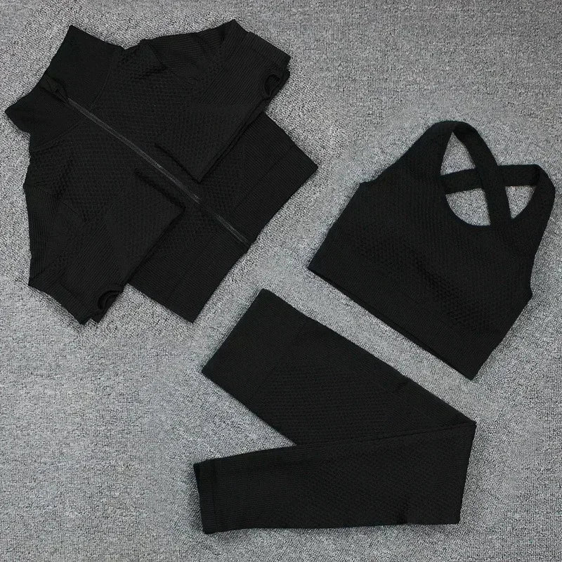 Conjunto de 3 piezas de yoga sin costuras, chaleco deportivo de fitness, pantalones de cintura alta que levantan la cadera, ropa de entrenamiento, conjunto de leggings de gimnasio para mujer
