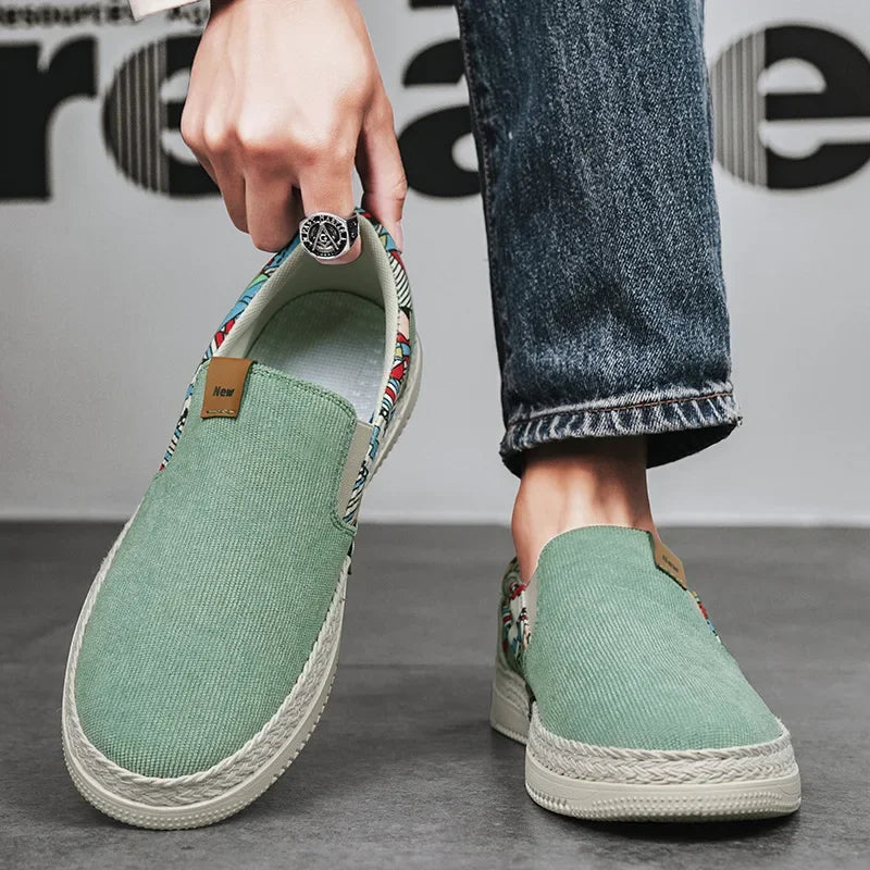 Zapatos planos sin cordones para hombre, informales, de pana de algodón, estilo náutico, transpirables, de caña baja, para suelo de cemento, zapatillas deportivas adecuadas