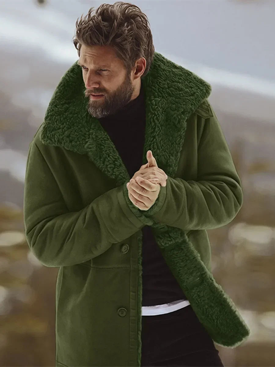 Abrigo de lana nuevo cortavientos para hombre, cuello de piel, botonadura sencilla, cálido, chaqueta de lana, corte entallado, abrigo de invierno 2021 para hombre