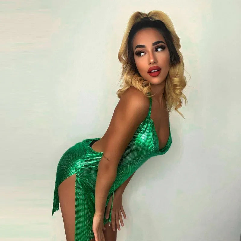 Vestido corto elegante y sexy para mujer, con cuello colgante, espalda descubierta, lentejuelas en el pecho, para fiesta y baile.