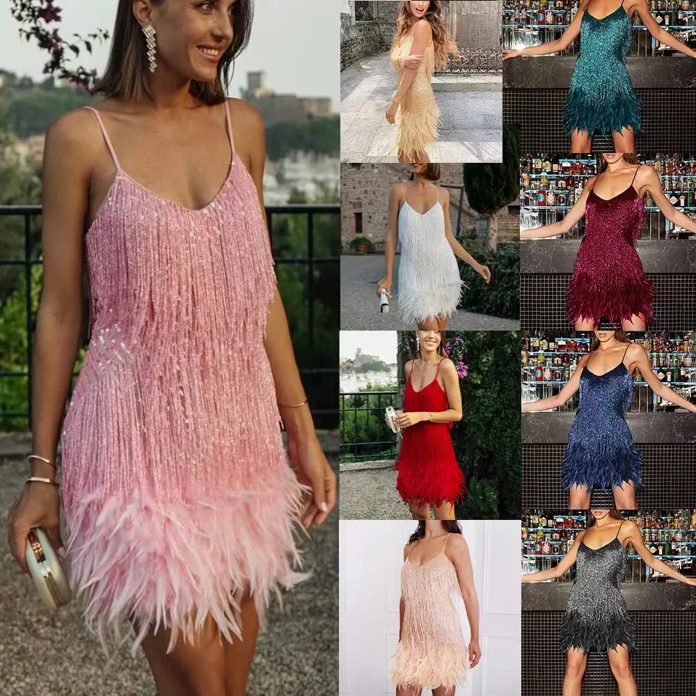 Vestido de verano 2024 con lentejuelas y plumas, moderno y colorido, sin mangas, para mujer, venta directa de Amazon