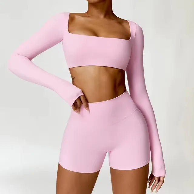 Conjunto deportivo de 2 piezas para mujer, de secado rápido, para gimnasio, chándal para correr, entrenamiento, camiseta deportiva de manga larga, ropa de yoga