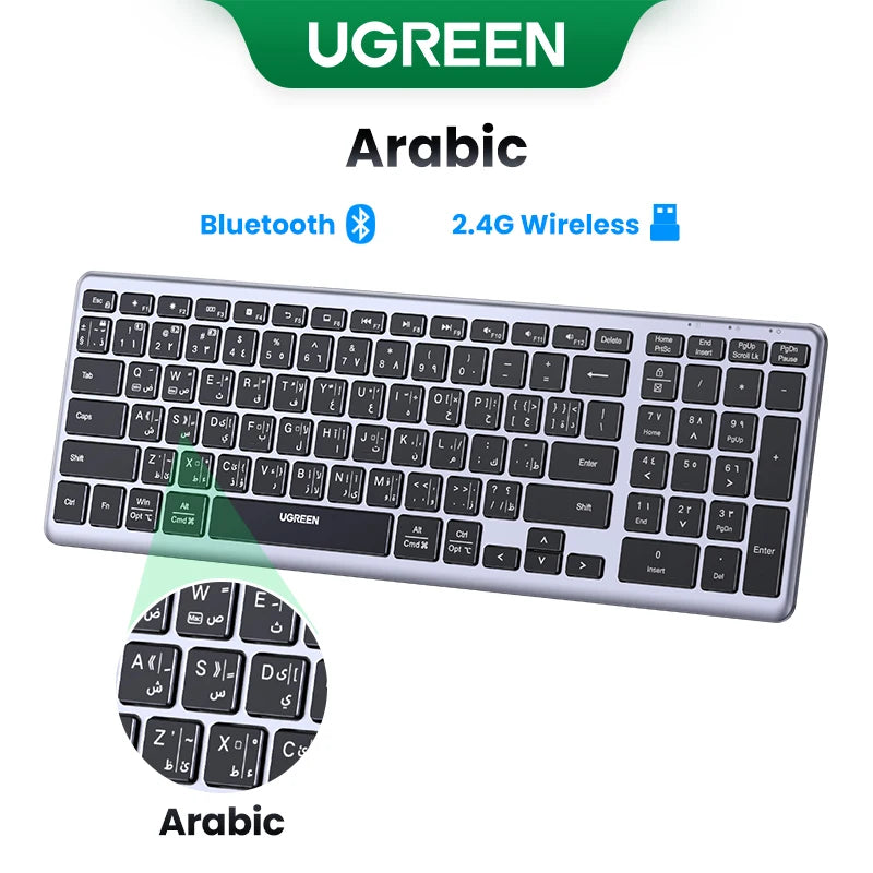 Teclado inalámbrico UGREEN Bluetooth 5.0 2.4G con 99 teclas en ruso/coreano/inglés para MacBook, iPad, PC y tabletas, recargable por USB C.
