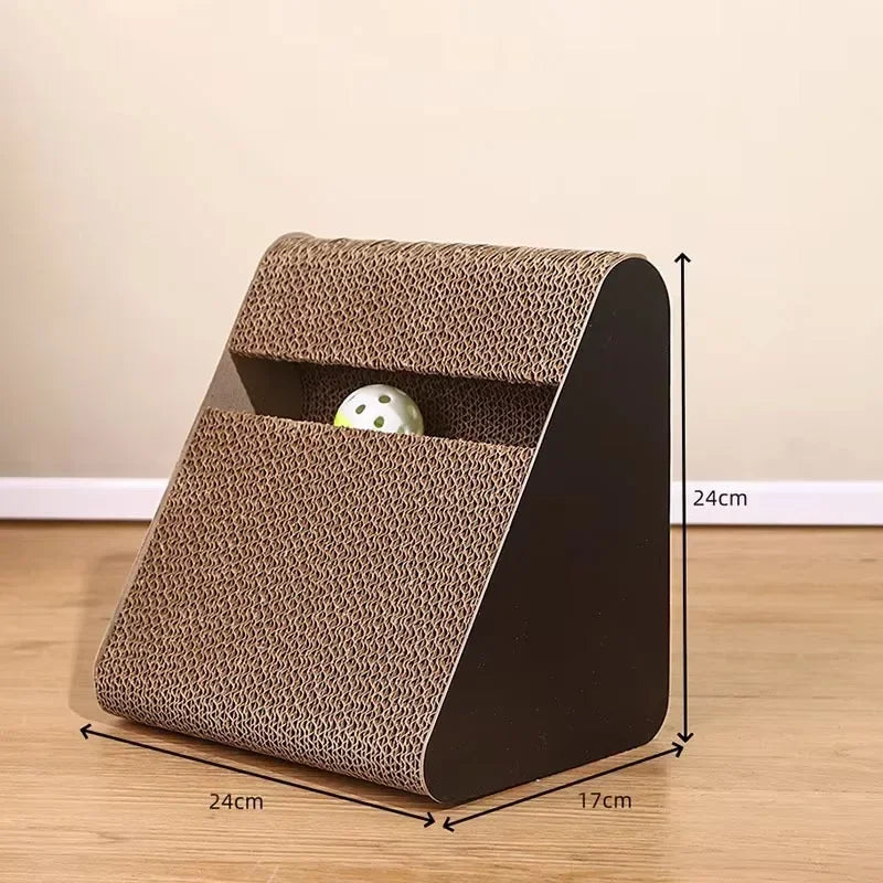 Rascador para gatos 2 en 1 de cartón con bola giratoria, resistente al desgaste, con forma de triángulo, estructura vertical para escalar.