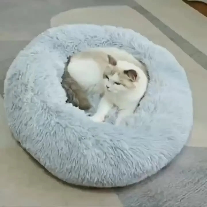 1 cama cómoda de felpa a rayas para mascotas, adecuada para gatos y perros, cálida, nido redondo para dormir profundamente, relleno, gris, suave, para interiores