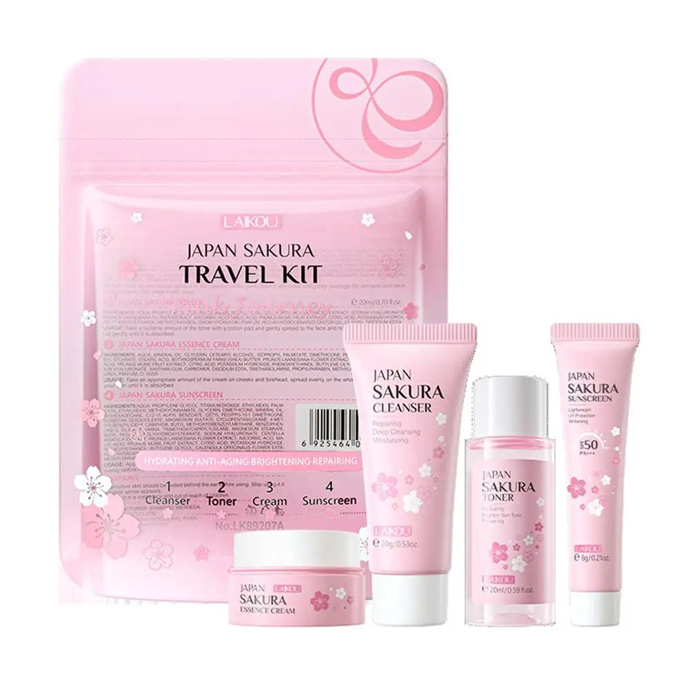 Sakura Skin Care Sets (4 unidades/bolsa): Limpiador facial, tónico facial, protector solar, hidratante, suavizante y nutritivo.