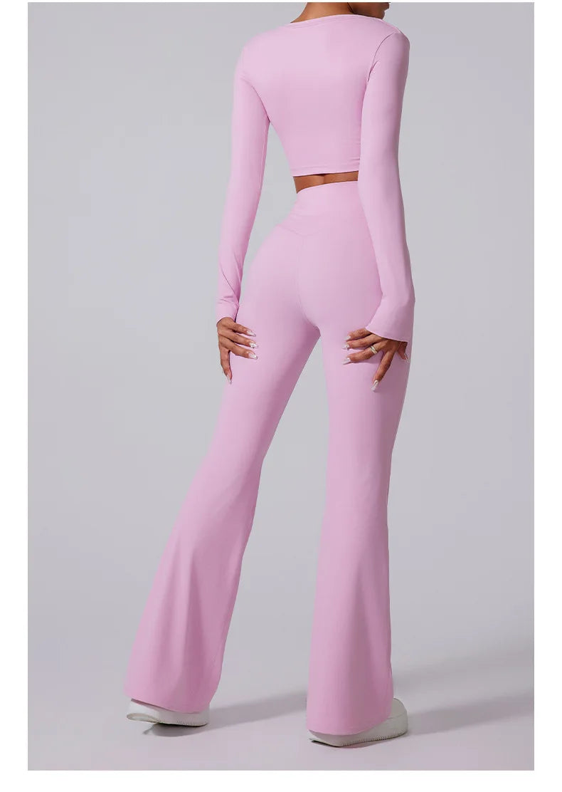 Conjunto de yoga para mujer: pantalones acampanados, ropa deportiva para gimnasio, top push-up de manga larga, estilo deportivo y sexy.