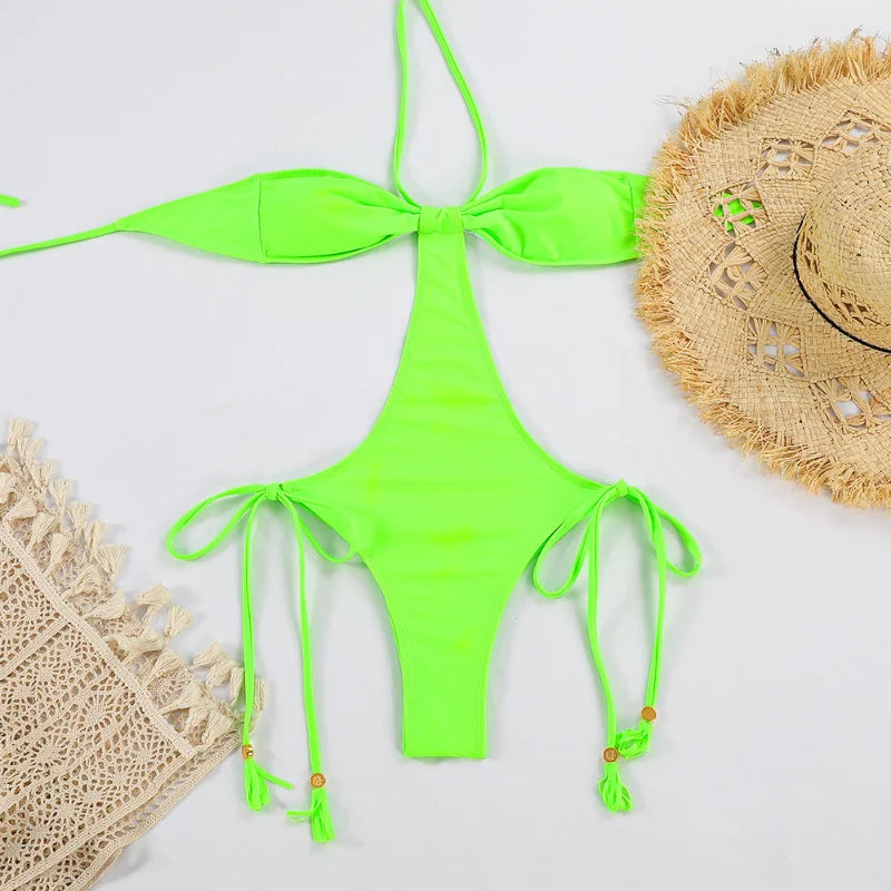 Traje de baño de una pieza con cuello halter para mujer, bañador sexy con cordones y push up, conjuntos de bikini lisos 2023, ropa de playa, monokini